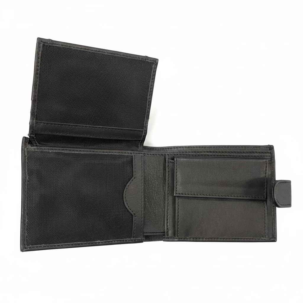 A black bi-fold wallet shown open, displaying its interior compartments including card slots, a slip pocket, and a coin pocket, on a plain white background.
