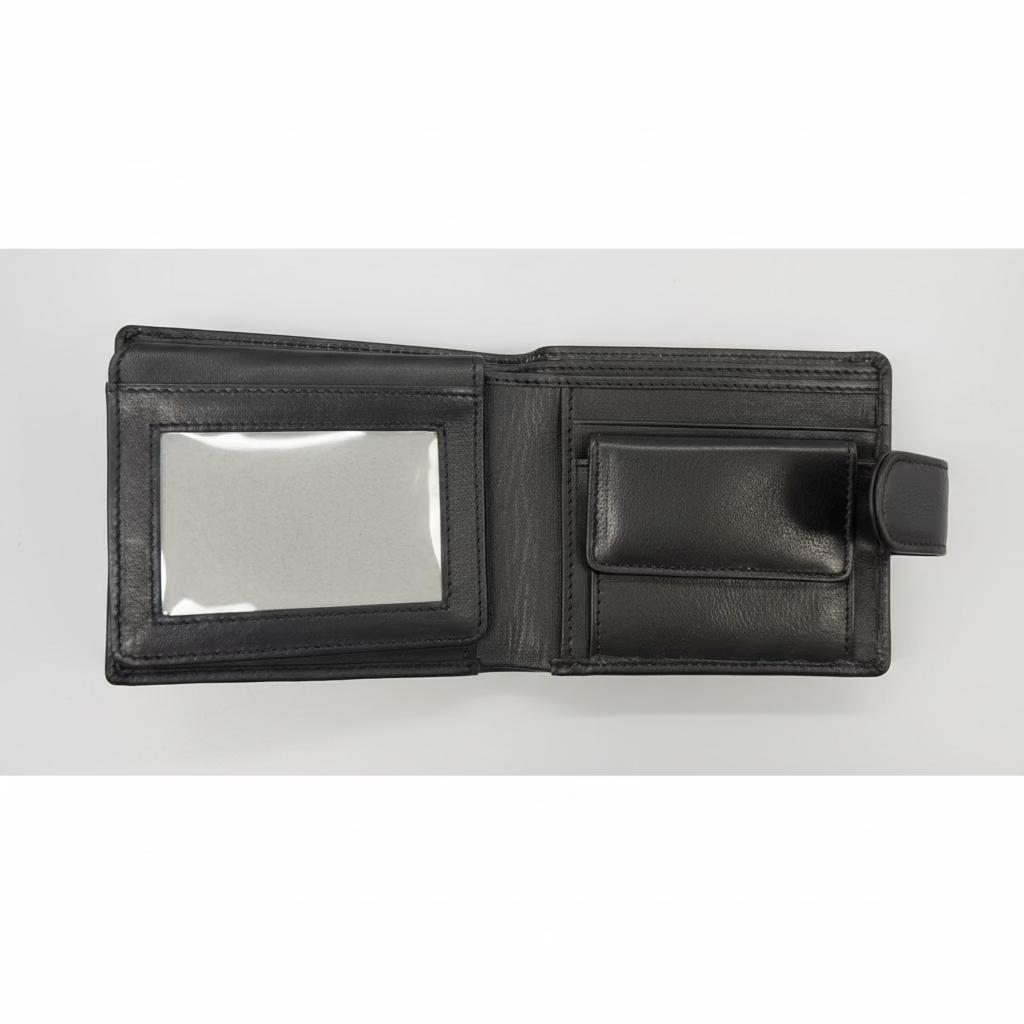 Black leather wallet with card holder on a gray background
