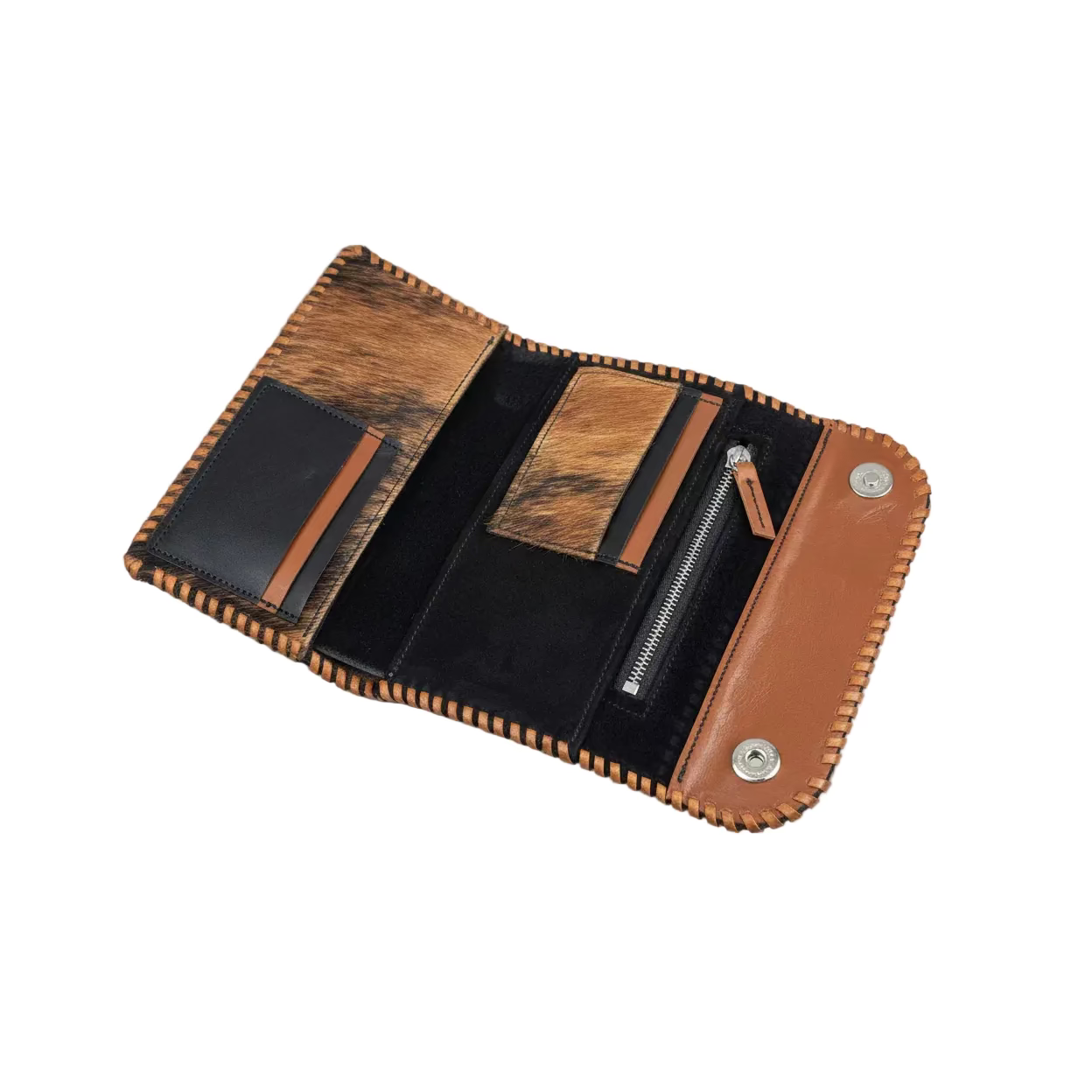 An open leather wallet organizer with multiple compartments, featuring a mix of smooth tan leather, textured cowhide, and black suede-like lining, shown on a light gray background.