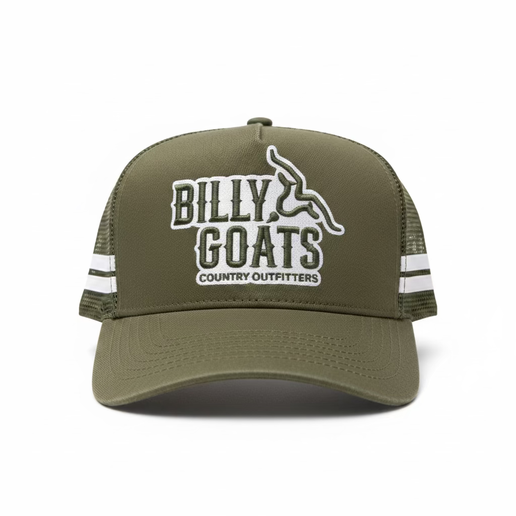 An olive green trucker hat with a white and black embroidered 'Billy Goats Country Outfitters' logo on the front and white stripes on the side mesh, shown against a plain white background.