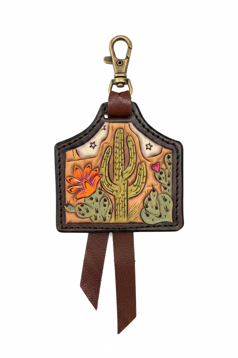 A handcrafted leather luggage tag or keychain charm with a western desert design, featuring a cactus, flowers, and a brass clasp, displayed on a rustic wooden surface.