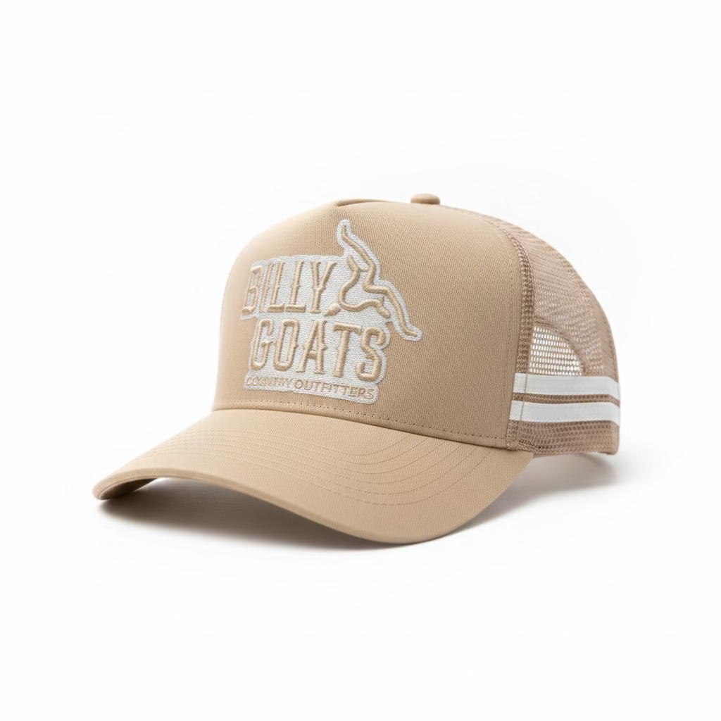 Beige cap with 'Billy Goats Country Outfitters' logo on a textured gray background