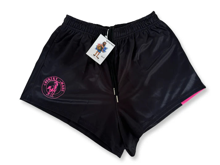 Aussie Footy Shorts Plain Pink & Black - with Pockets