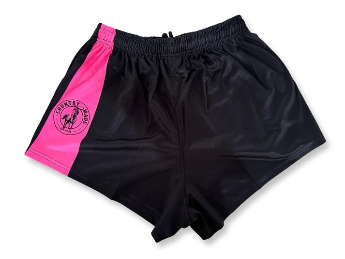 Aussie Footy Shorts Plain Pink & Black - with Pockets