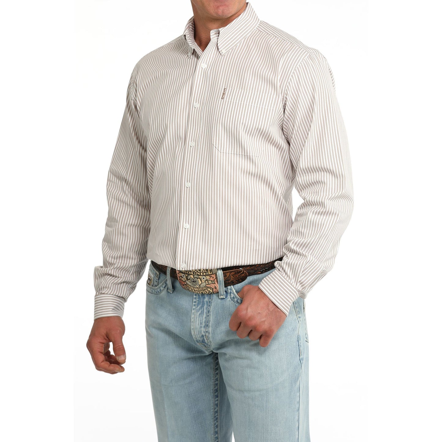 Cinch Men’s Modern Fit Button Down Shirt Beige and White Stripe – Western Work Shirt - Billy Goats Country Outfitters