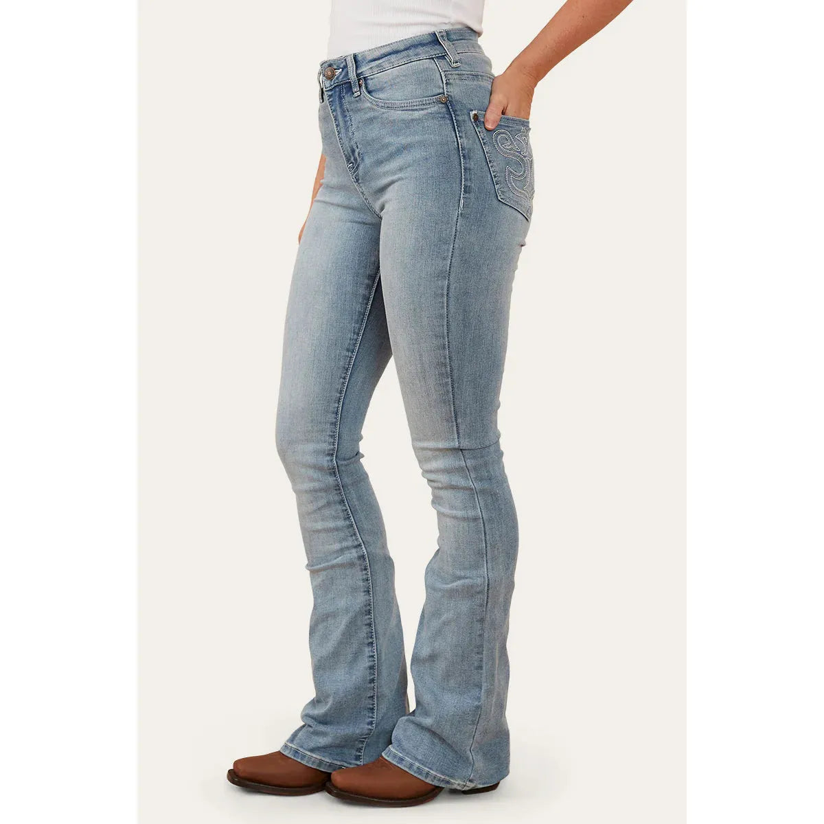 Ringers Western Penny RODEO Womens High Rise Bootleg Jean Light Blue
