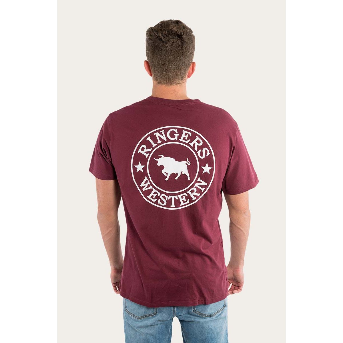 Signature Bull Mens Loose T- Shirt - Burgundy with White