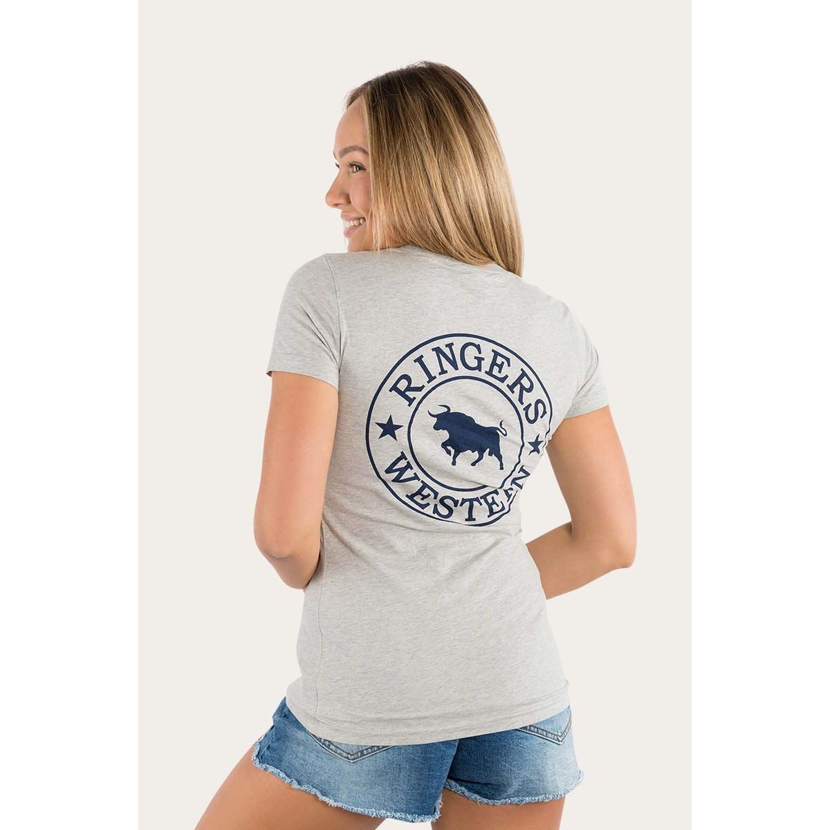 Signature Bull Womens Classic Fit T-Shirt - Grey Marle/Navy