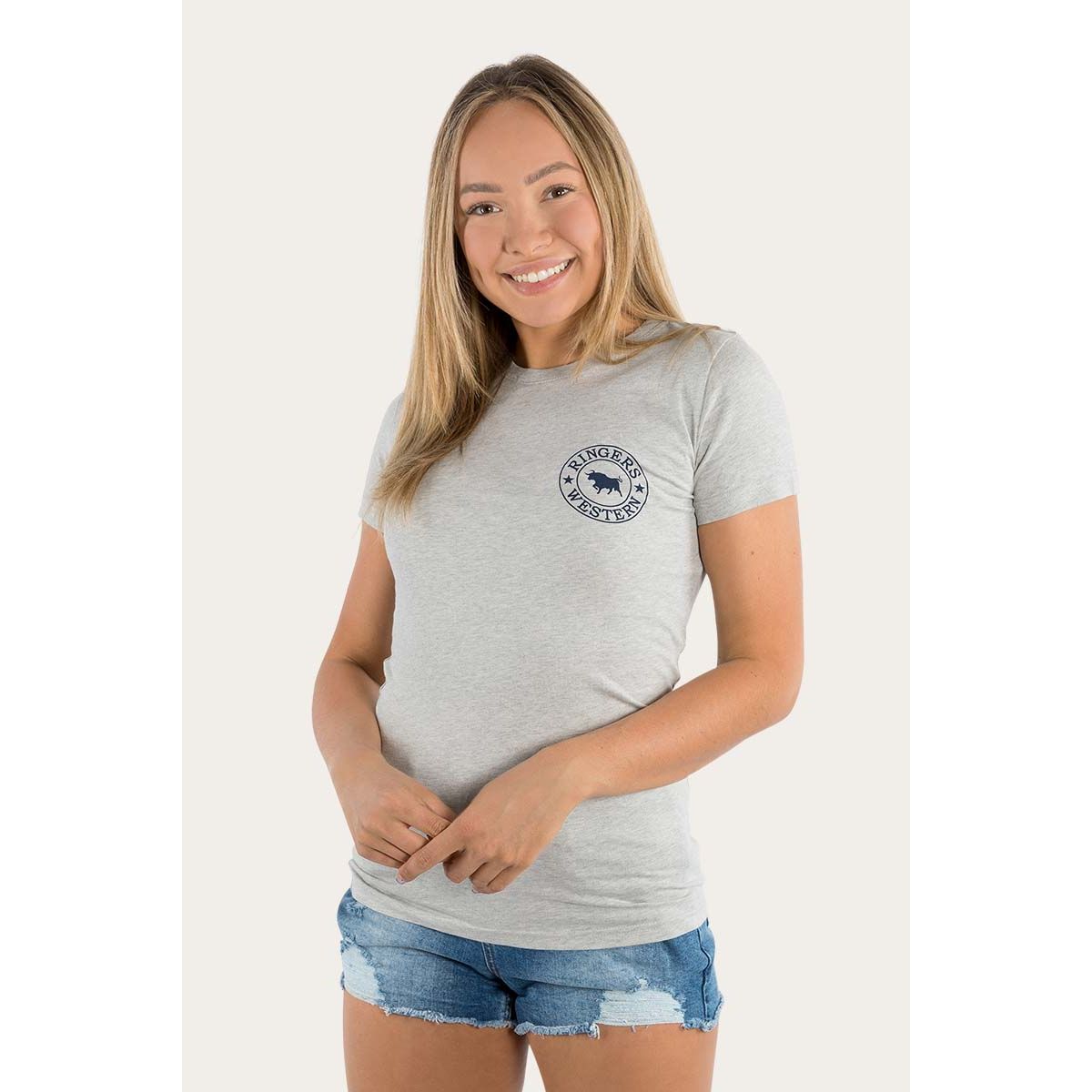 Signature Bull Womens Classic Fit T-Shirt - Grey Marle/Navy