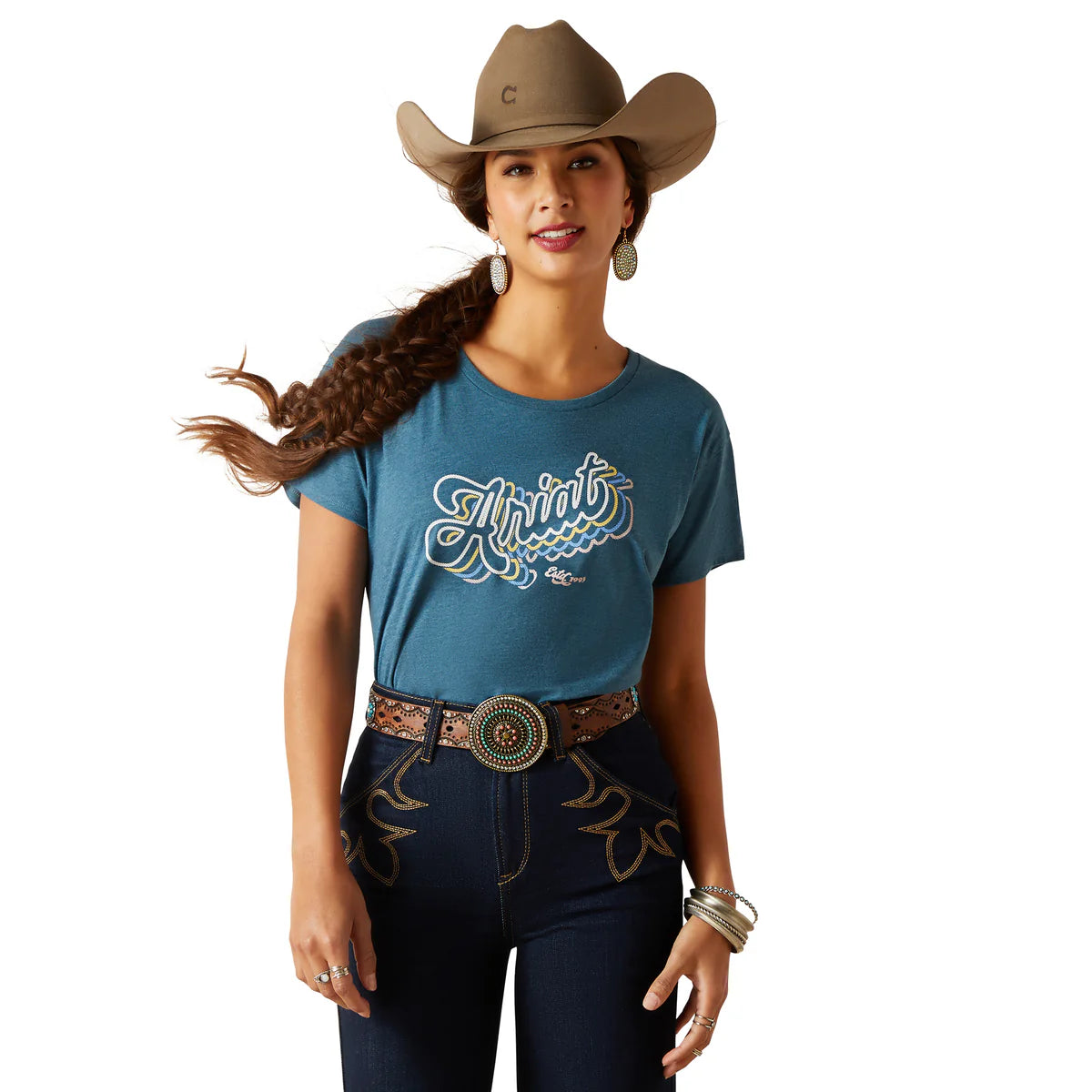 Ariat Women's  Rainbow Script T-Shirt Steel Blue Heather