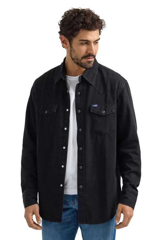 Wrangler Men’s Classic Fit Denim Shirt Black – Western Snap Work Shirt