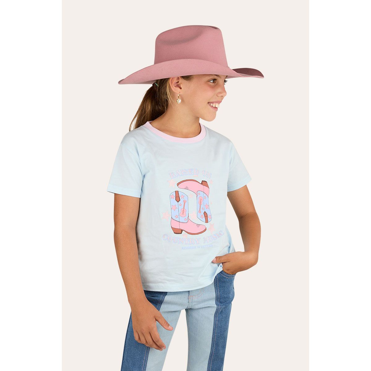 Ringers Western Raised On Country Music Girls Classic Fit T-Shirt - Barely Blue - Billy Goats Country Outfitters