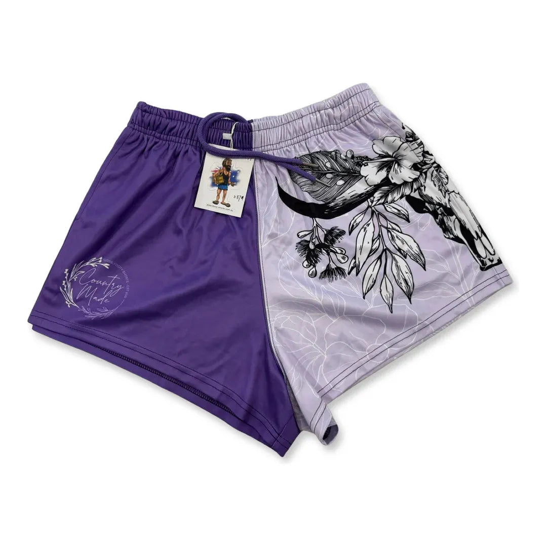 Aussie Footy Shorts Bull Skull - Purple with Pockets