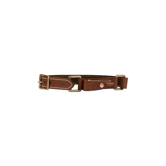 Brown leather belt with gold buckle on a white background