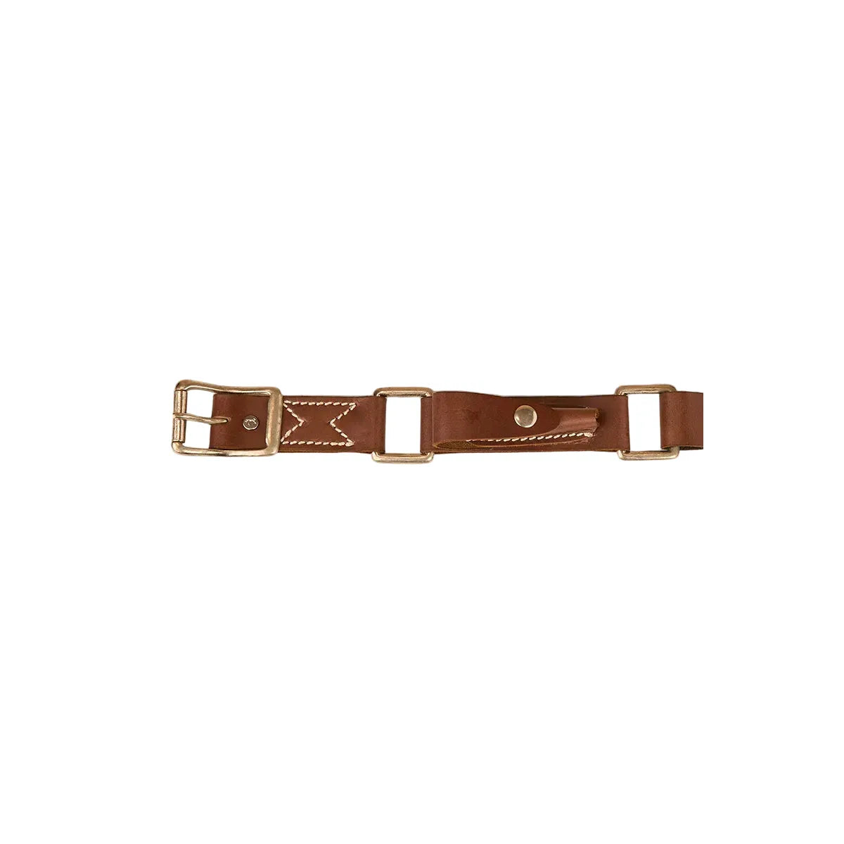 A brown leather belt with gold-tone metal hardware, featuring contrast stitching and a decorative chevron detail, laid flat against a light off-white background.