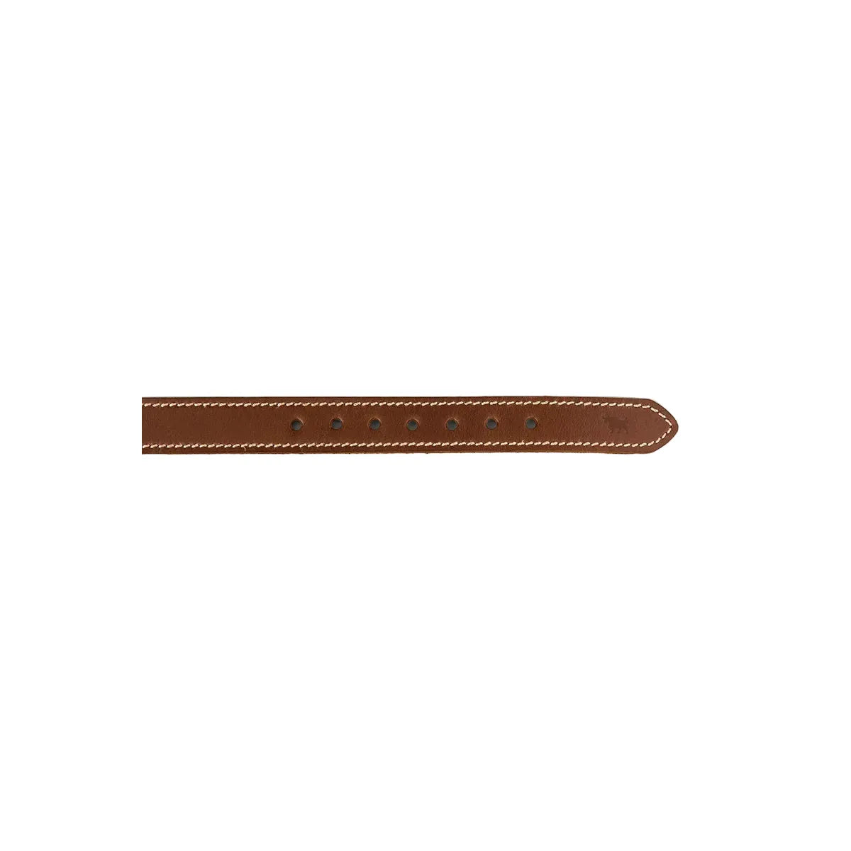 A close-up of a brown leather belt strap with white contrast stitching and dark metal eyelets, shown horizontally against a light off-white background.