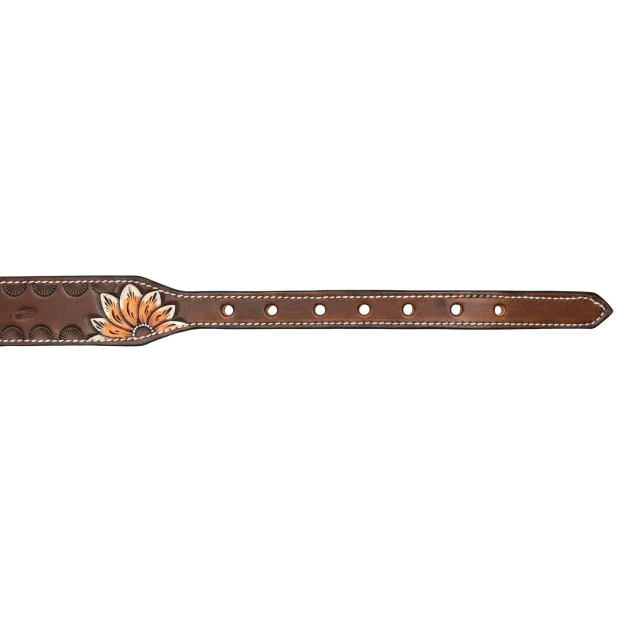 A brown leather belt shown horizontally against a light gray background, featuring a hand-tooled floral design with orange, white, and dark brown details on the keeper loop.