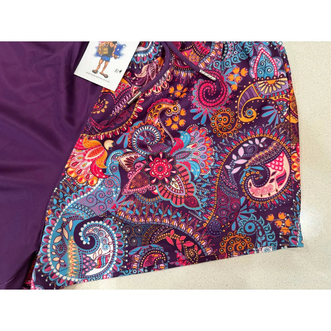 Aussie Footy Shorts Purple Paisley with Pockets