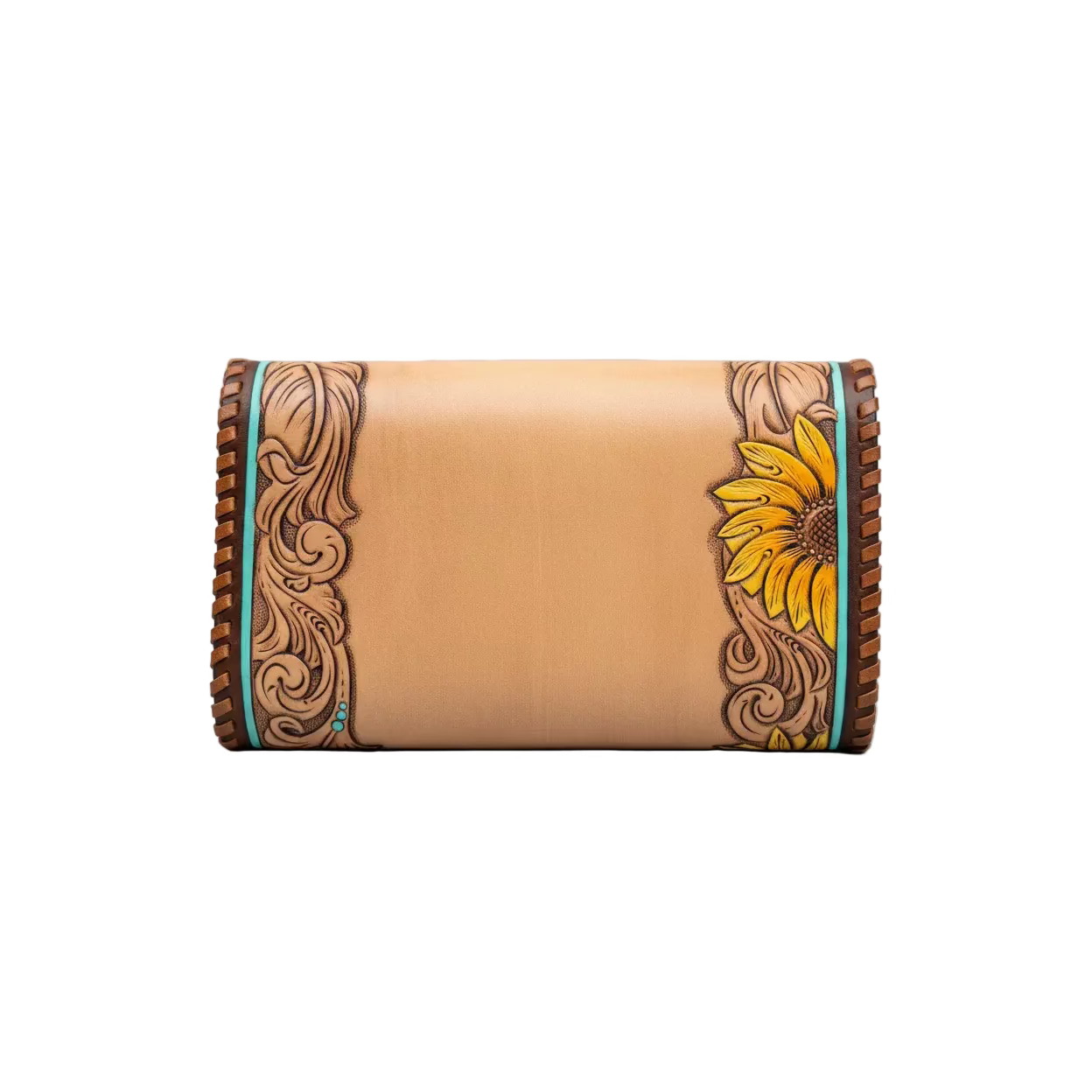 A tan leather cylindrical wallet or clutch with hand-tooled western-style scrollwork on the left side and a carved yellow sunflower design on the right, finished with dark brown braided trim.