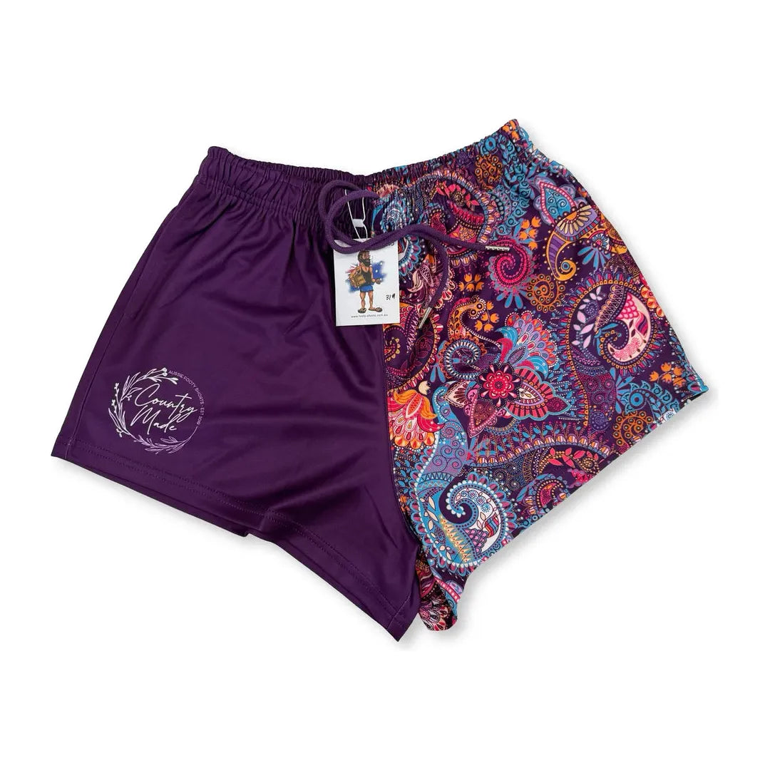 Aussie Footy Shorts Purple Paisley with Pockets