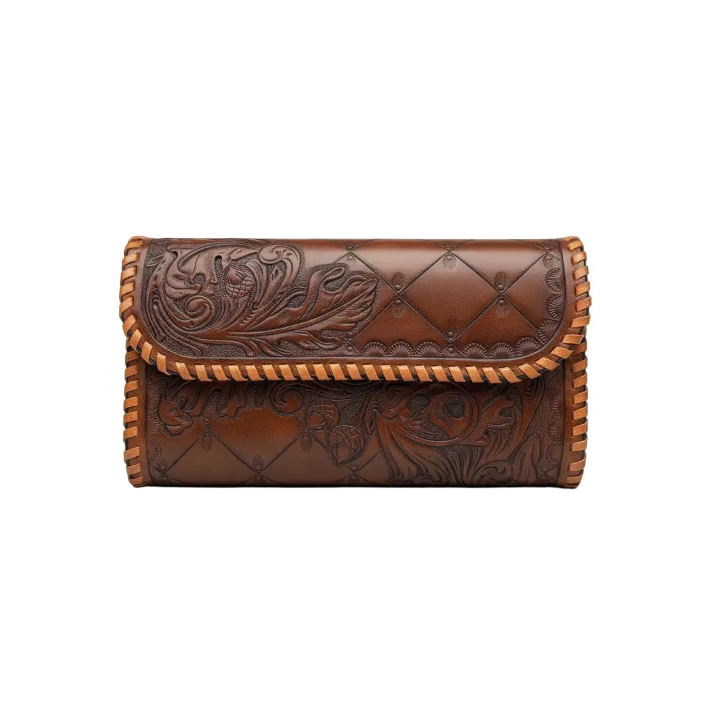 A brown tooled leather clutch bag with floral embossing, diamond-quilted stitching, and braided trim, shown on a neutral gray background.