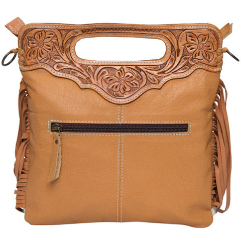 Tooled Leather Cowhide Sling Bag with Fringe Tan