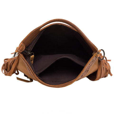 Tooled Leather Cowhide Sling Bag with Fringe Tan