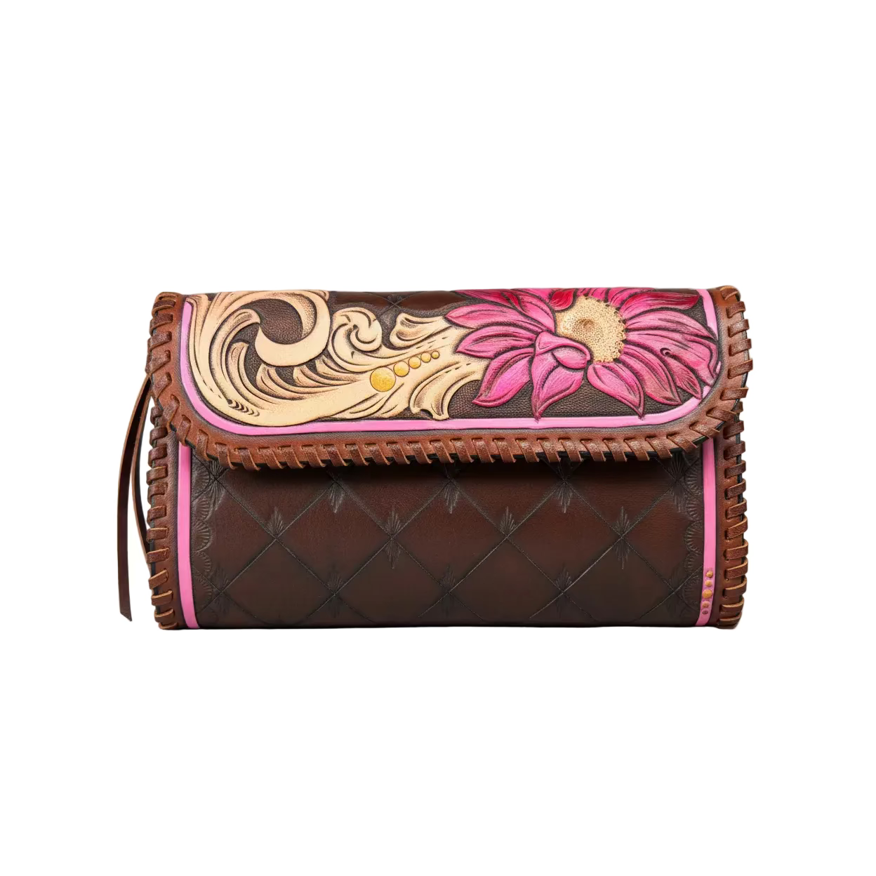 A brown leather clutch bag with a hand-tooled floral design on the flap, featuring pink and beige details, a quilted pattern on the body, and pink trim, shown against a neutral gray background.