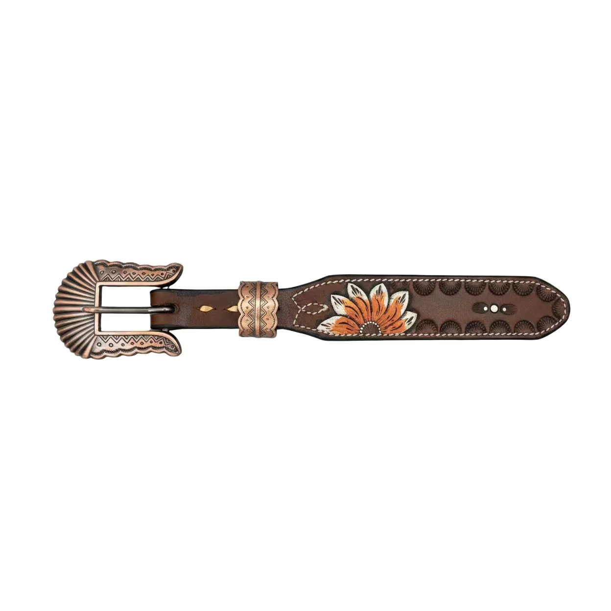 A brown leather western belt with a decorative engraved silver-tone buckle, a matching keeper, and a floral tooled design on the strap, displayed horizontally on a neutral gray background.