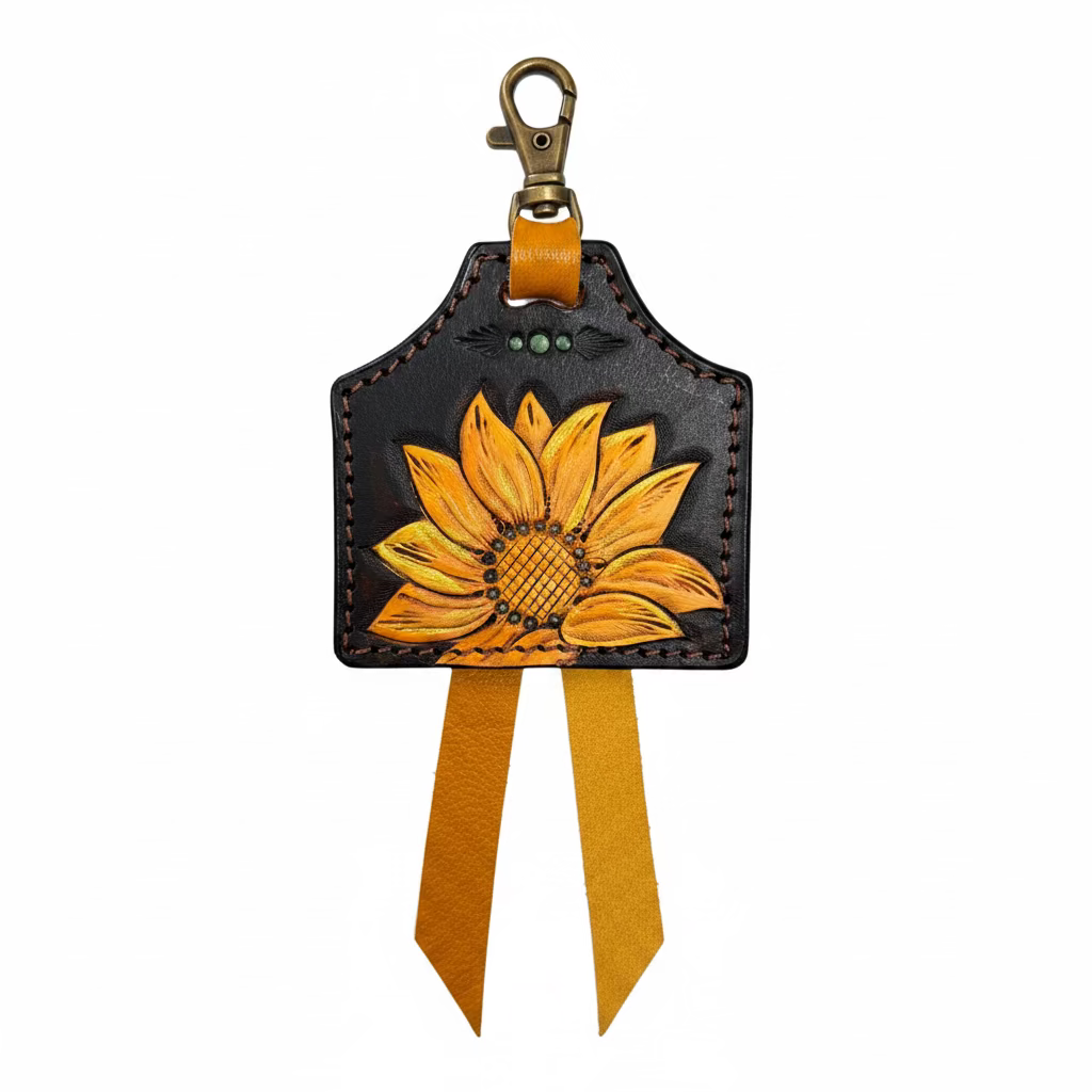 A handcrafted dark brown leather luggage tag featuring a hand-tooled yellow sunflower design and two hanging yellow leather ribbons, shown on a rustic wooden background.