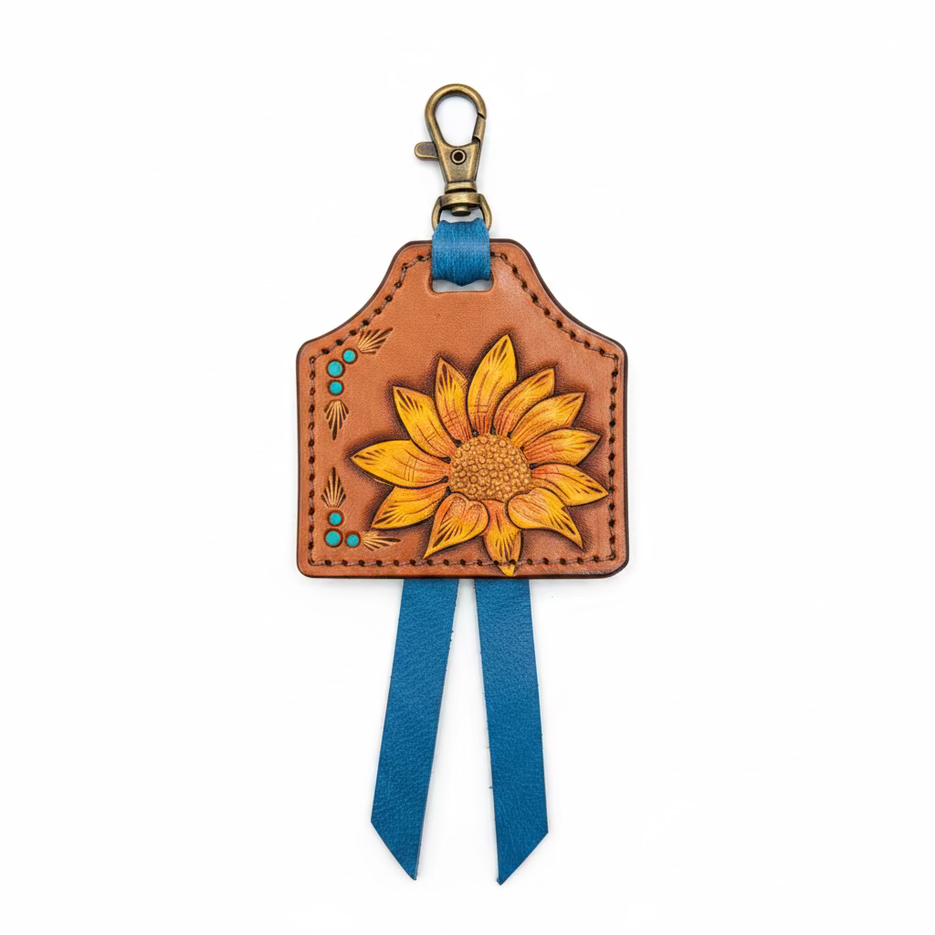 A handcrafted brown leather keychain or bag charm with a carved sunflower design, turquoise accents, and two blue ribbon tails, shown on a rustic wooden background.