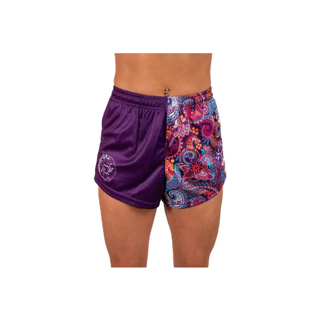 Aussie Footy Shorts Purple Paisley with Pockets