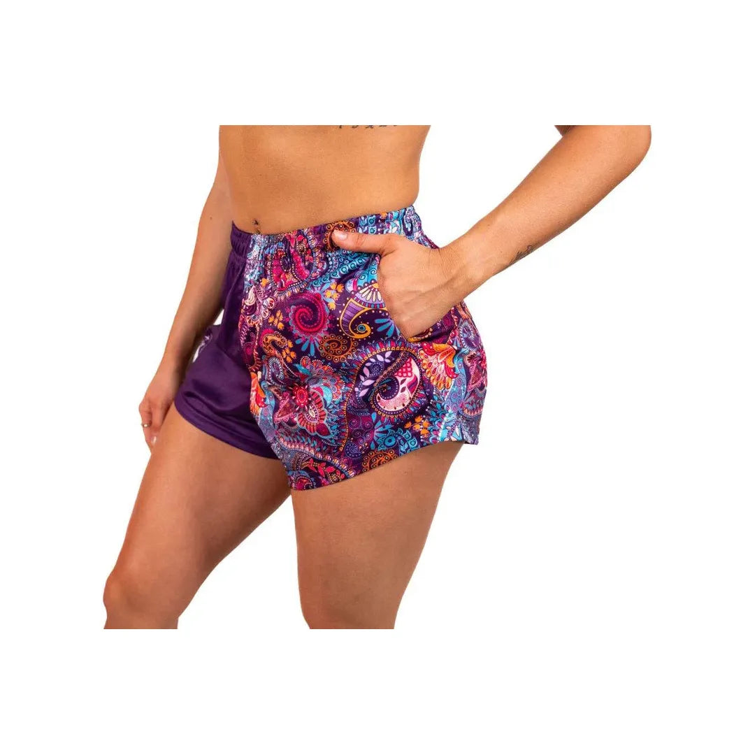 Aussie Footy Shorts Purple Paisley with Pockets