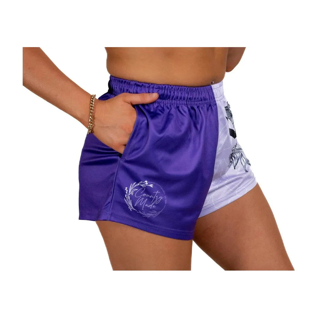 Aussie Footy Shorts Bull Skull - Purple with Pockets