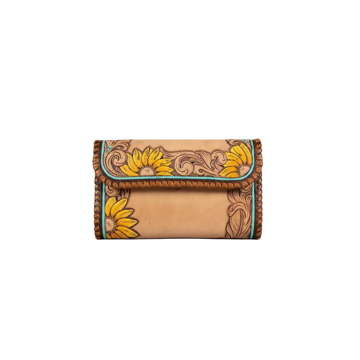 A hand-tooled leather clutch bag with a warm tan finish, featuring carved floral scrollwork and bright yellow sunflower designs, finished with turquoise-colored edging and braided brown leather trim, shown on a rustic wooden surface.