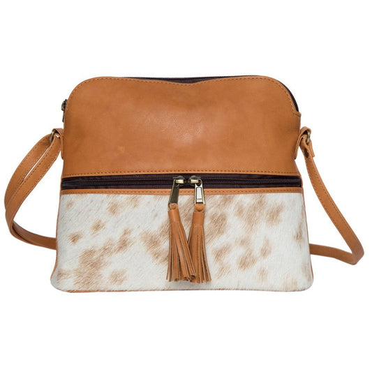 Ladies Cowhide Sling Bag Tan and White