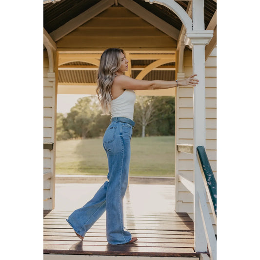 CC Western Women's Boomer High Rise Wide Leg Boyfriend Jeans - Medium Wash