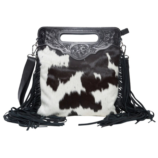 Tooled Leather Cowhide Sling Bag with Fringe Black