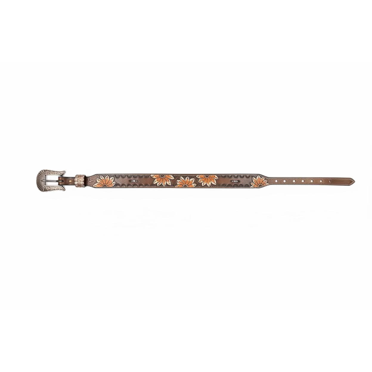 A western-style leather belt with a silver buckle, laid flat on a dark gray surface. The belt is brown with hand-tooled floral detailing in orange, white, and yellow, and features silver concho studs.