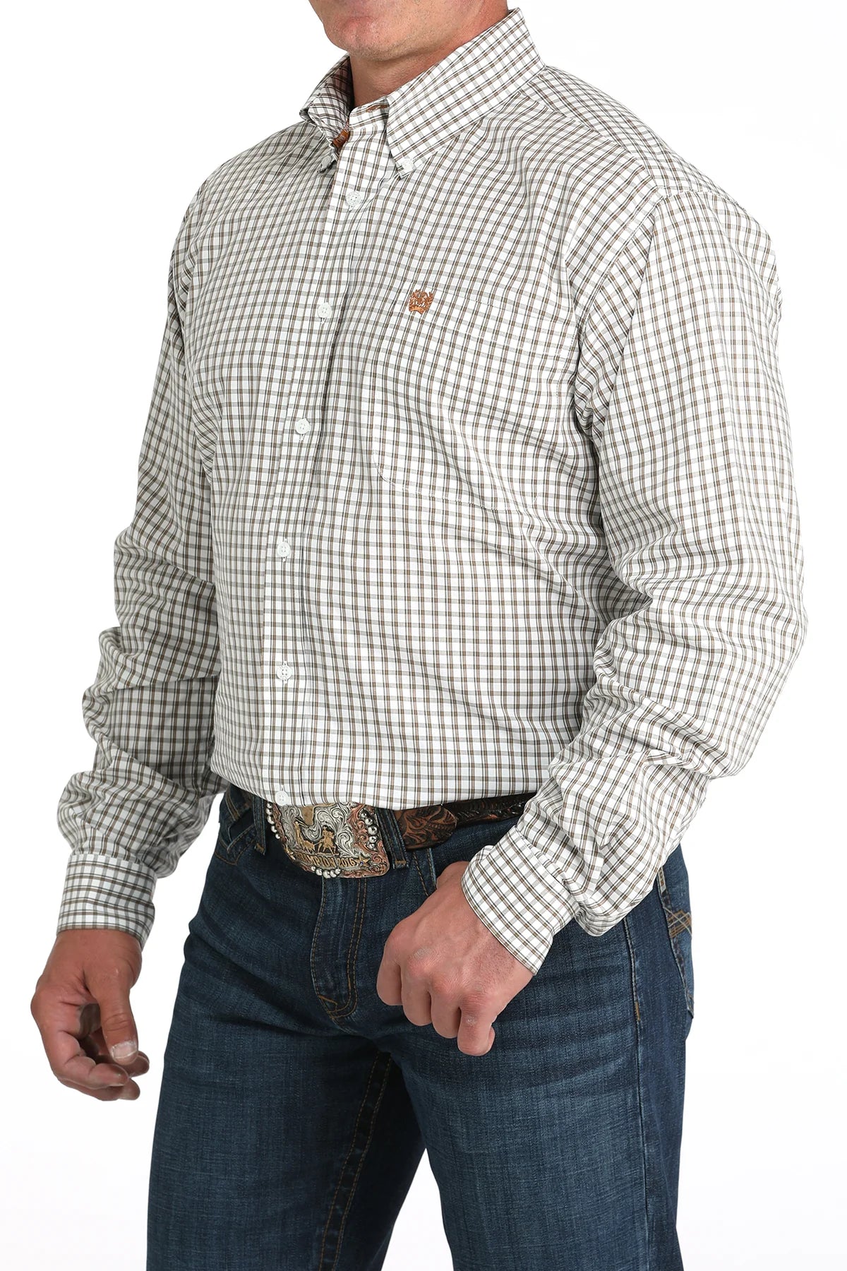Cinch Men's Stretch Check Long Sleeve Shirt - White/Brown