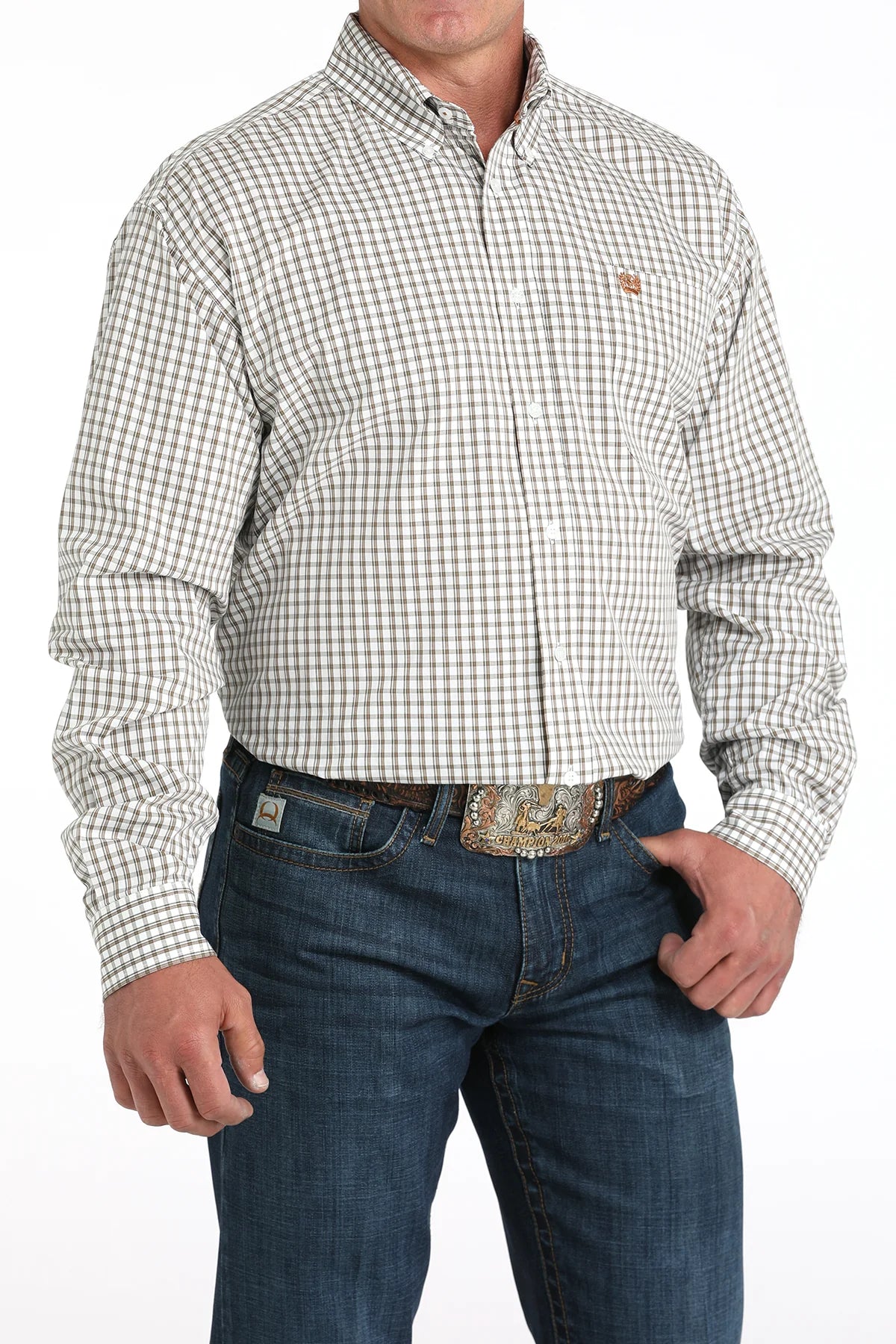 Cinch Men's Stretch Check Long Sleeve Shirt - White/Brown
