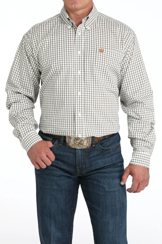 Cinch Men's Stretch Check Long Sleeve Shirt - White/Brown