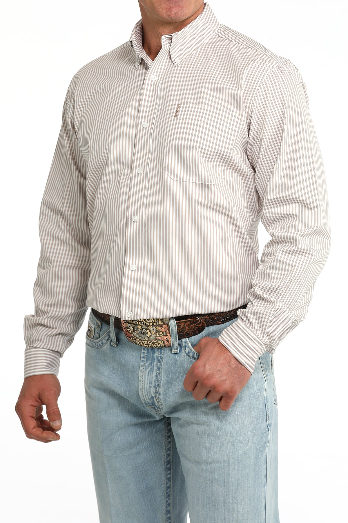 Cinch Men’s Modern Fit Button Down Shirt Beige and White Stripe – Western Work Shirt