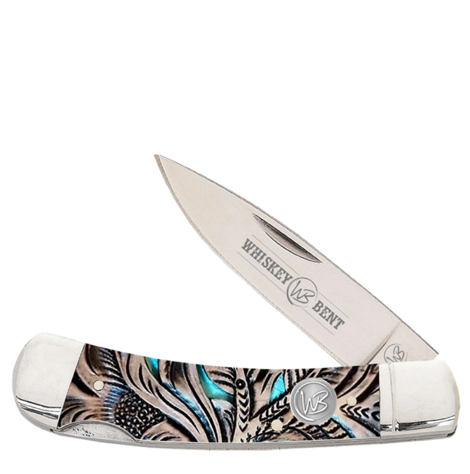 Whiskey Bent Trapper Pocket Knife Single Locking Blade - Floral Turquoise