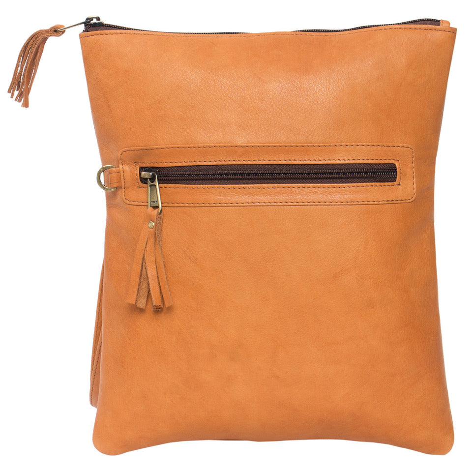 Ladies Foldover Cowhide Bag Tan and White