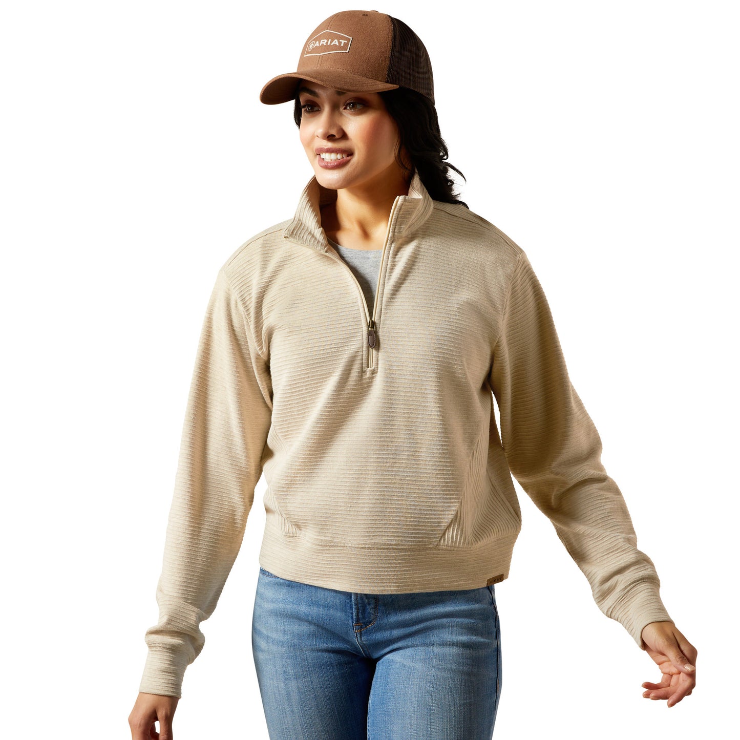Ariat women’s High Noon 1/2 zip pullover oatmeal heather western country jumper
