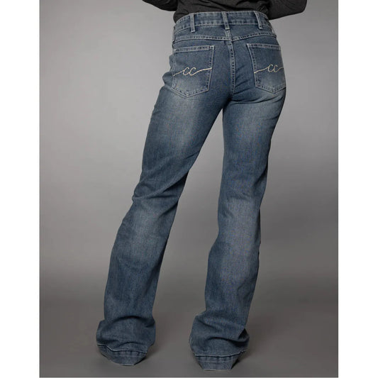 CC Western signature mid rise trouser jeans medium wash women’s western denim relaxed flare back view