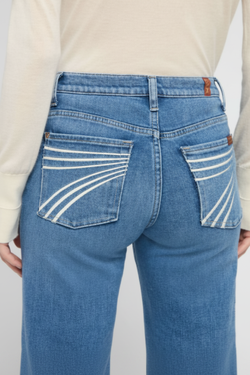 Close-up back view of a person wearing blue denim jeans with distinctive white curved stripe embroidery on the back pockets, paired with a cream long-sleeve top.