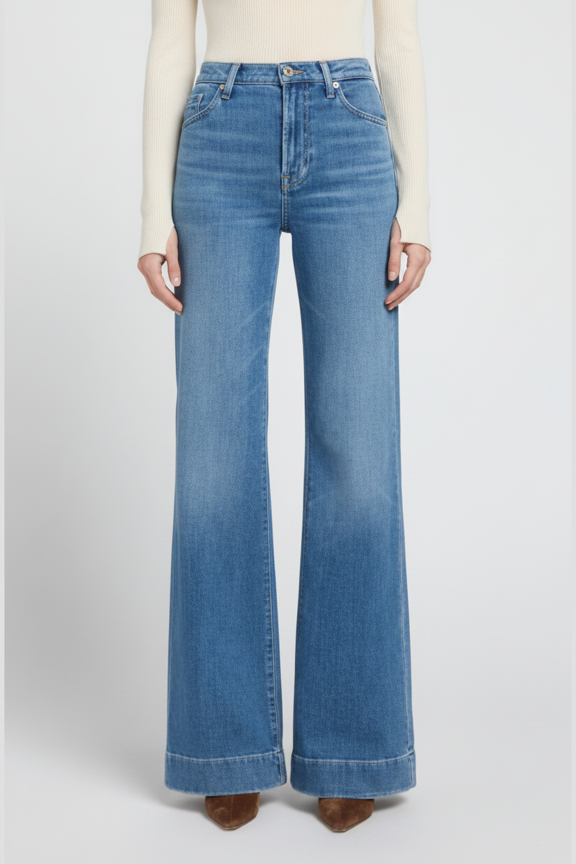 A person wearing high-waisted, wide-leg blue denim jeans with a cream long-sleeve top, shown from the waist down against a light gray studio background.