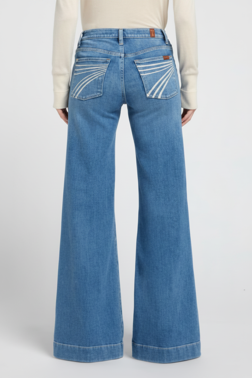 A person shown from the back wearing blue wide-leg jeans with contrast white striped stitching on the back pockets, paired with a cream long-sleeve top, against a light gray studio background.